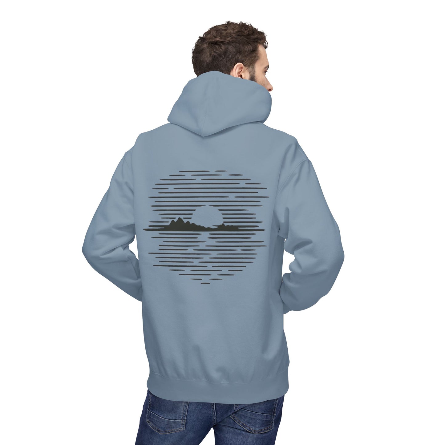 Unisex Hoodie mit Berg-Sonnenuntergang Design (Rückenprint) – Minimalistischer Natur Pullover aus Baumwolle