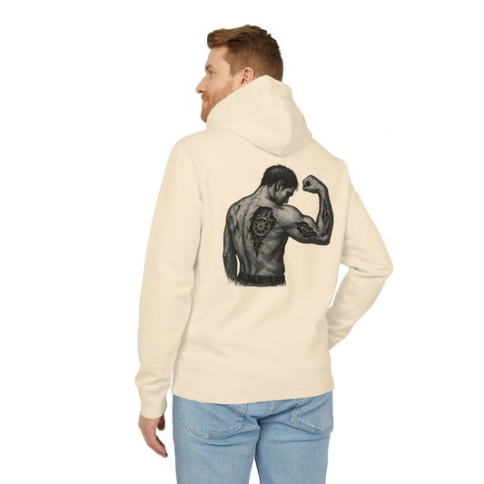 Biomechanik Hoodie Unisex (Rückenprint) – Muskel-Cyborg Design mit Zahnrädern & Maschinenstruktur | Futuristischer Techwear Kapuzenpullover für Sci-Fi & Fitness Fans