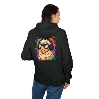 Schaf Hoodie (Rückenprint) – Lustiger Unisex Kapuzenpullover mit Kopfhörer-Schaf & buntem Farbspritzer-Design