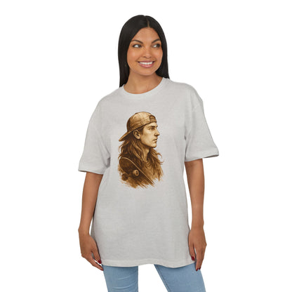 Skater Style T-Shirt (Brustprint) – Retro Kunst-Design mit Langhaar-Skater und Cap – Vintage Skateboard Look