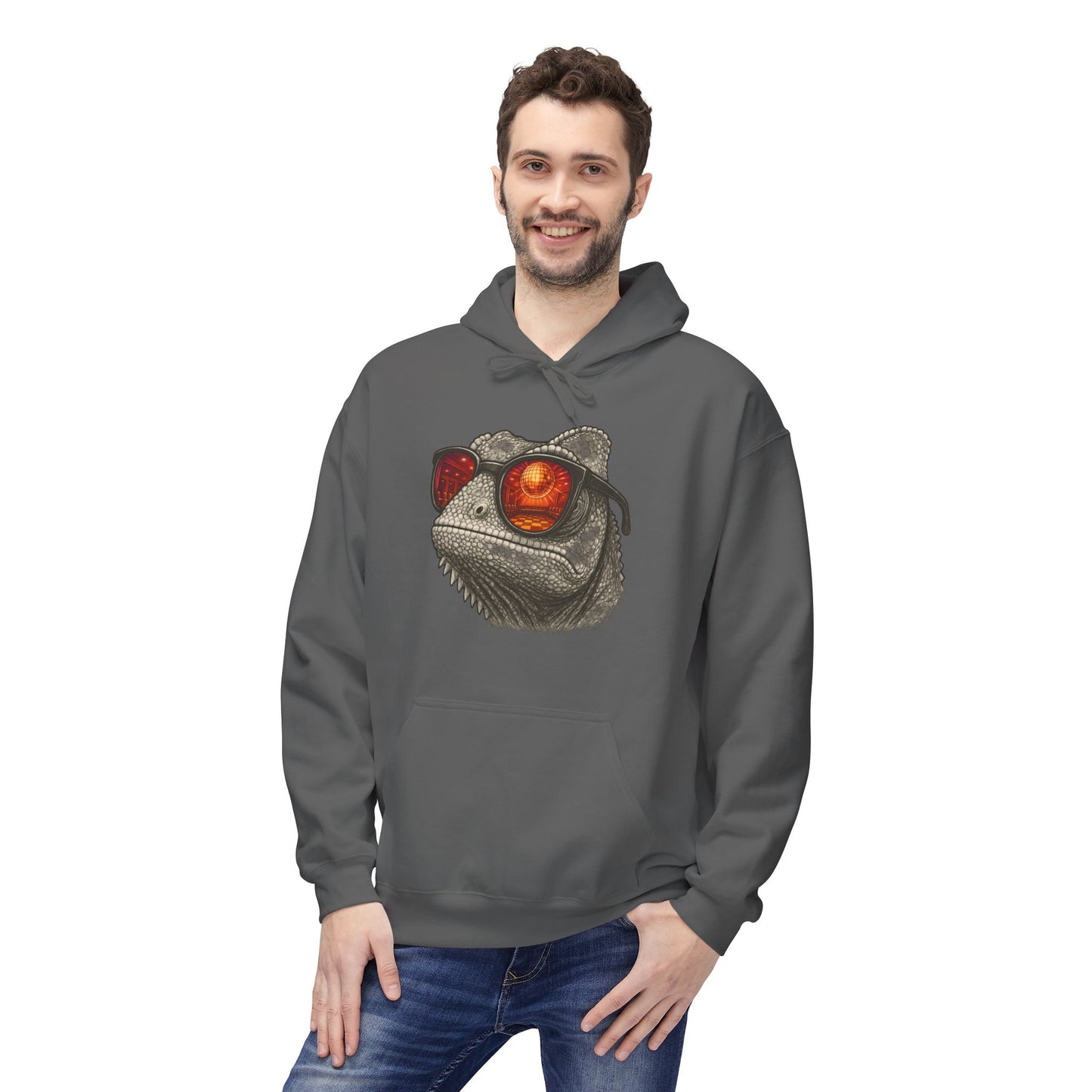Chamäleon Hoodie Unisex (Brustprint) – Retro Tiermotiv mit Sonnenbrille & Disco-Design – Lustiger Kapuzenpullover für Festival, Streetwear & Geschenkideen