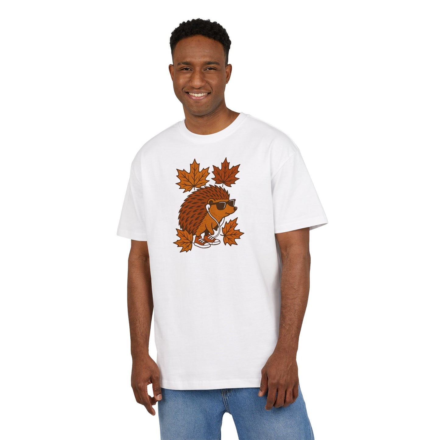 Herbst Igel T-Shirt (Brustprint) – Lustiges Cartoon Design mit Sonnenbrille, Kopfhörern & Ahornblättern