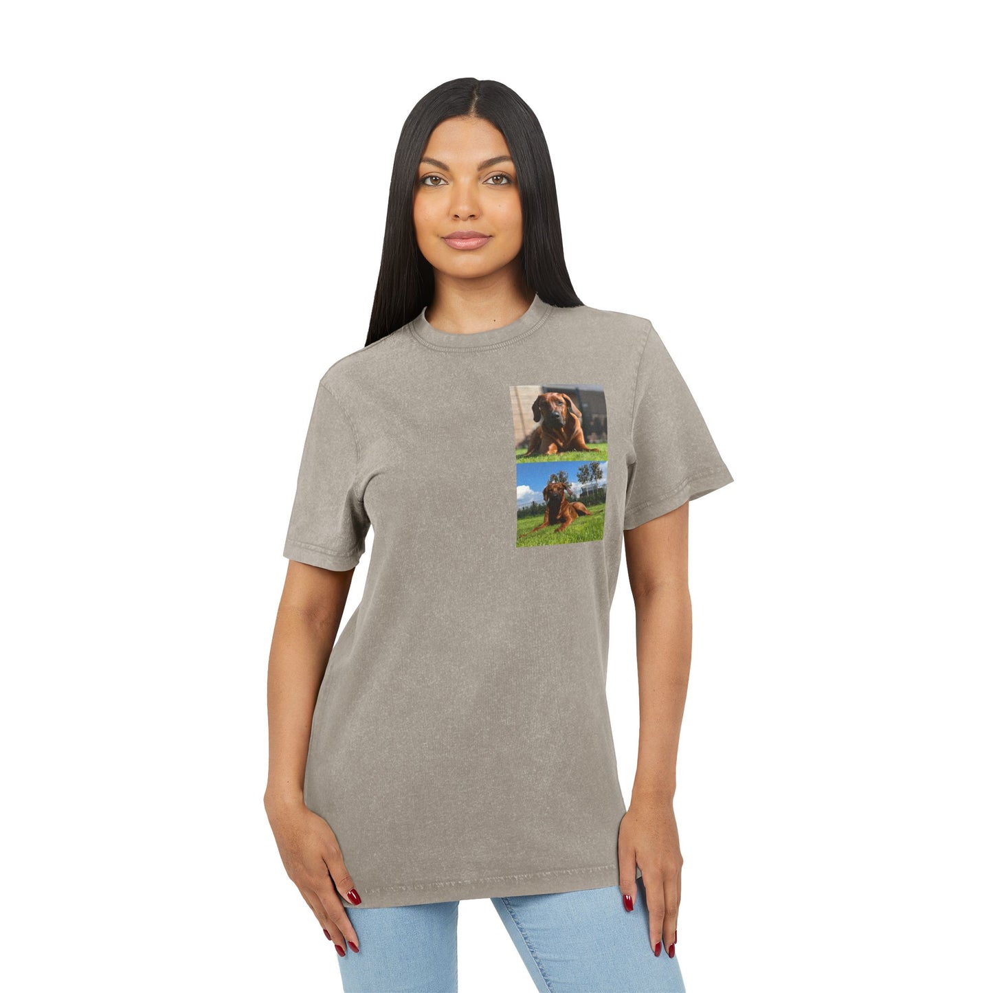 Dog print Vintage Style Acid Washed Round Neck Tee - Eco-Friendly T-Shirt, Everyday