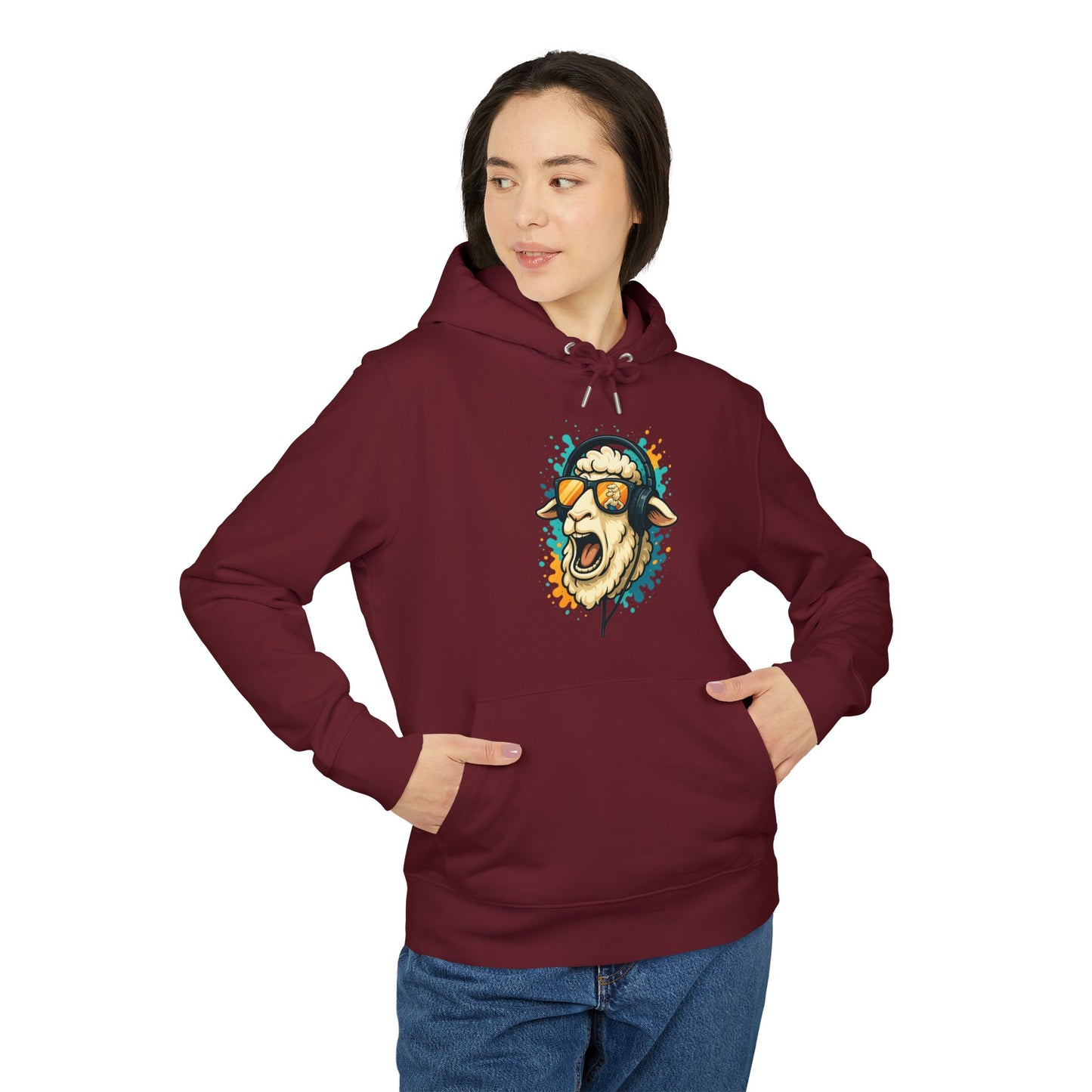 Lustiger Schaf Hoodie (Brustprint) – Unisex Kapuzenpullover mit Kopfhörer & Sonnenbrille – Musik Cartoon Streetwear für Tierfreunde