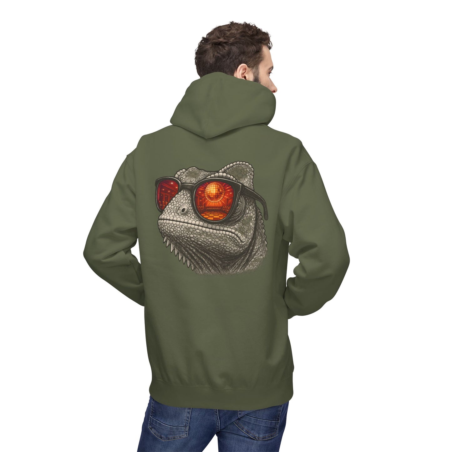 Chamäleon Hoodie Unisex (Rückenprint) – Retro Tiermotiv mit Sonnenbrille & Disco-Design – Lustiger Kapuzenpullover für Festival, Streetwear & Geschenkideen