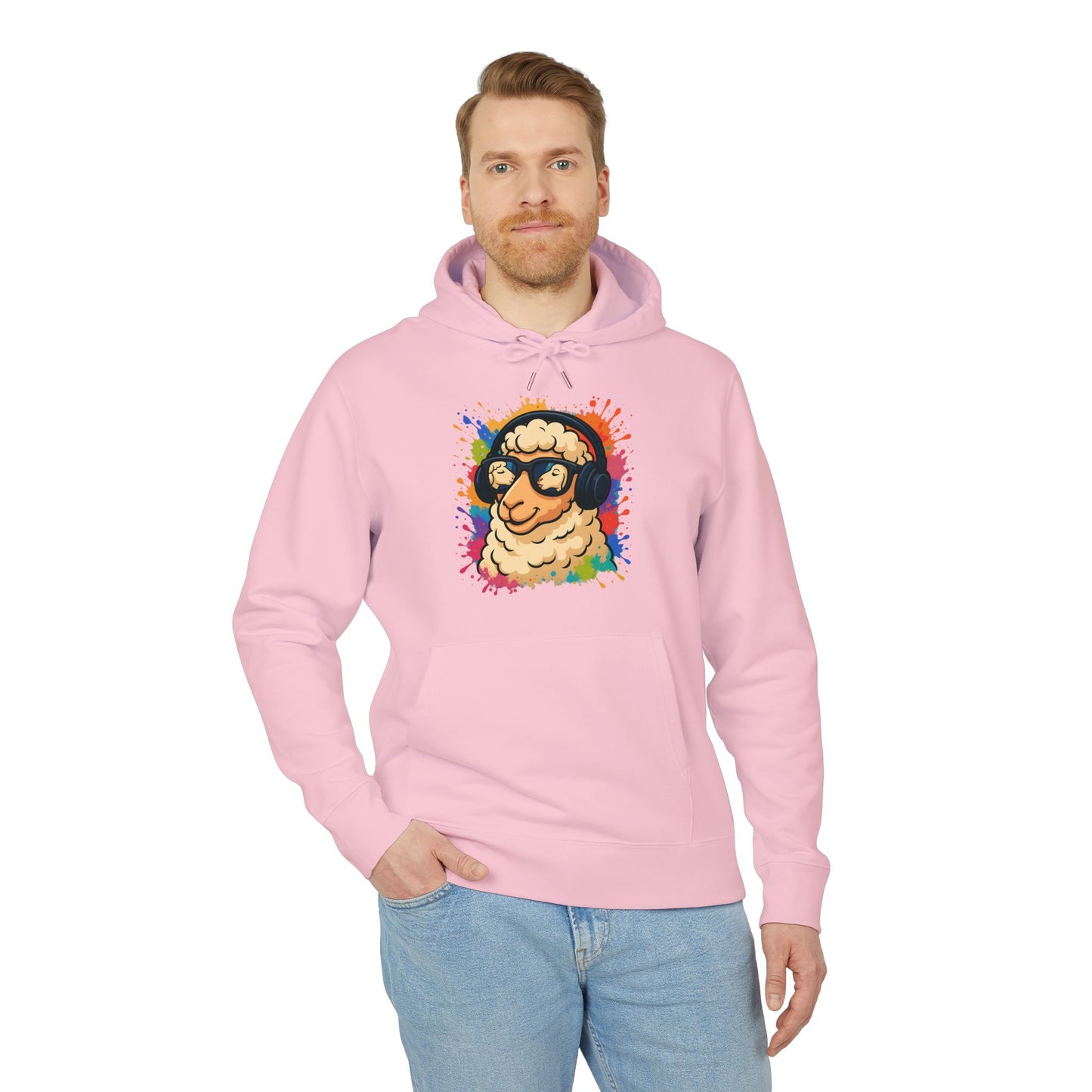 Schaf Hoodie (Brustprint) – Lustiger Unisex Kapuzenpullover mit Kopfhörer-Schaf & buntem Farbspritzer-Design