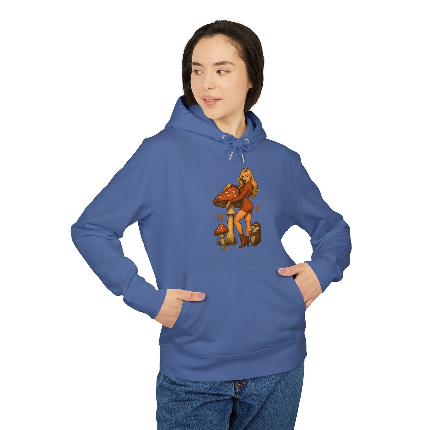 Vintage Pilz Fee & Igel Hoodie (Brustprint) – Retro Waldmotiv Kapuzenpullover für Natur- & Pilzliebhaber