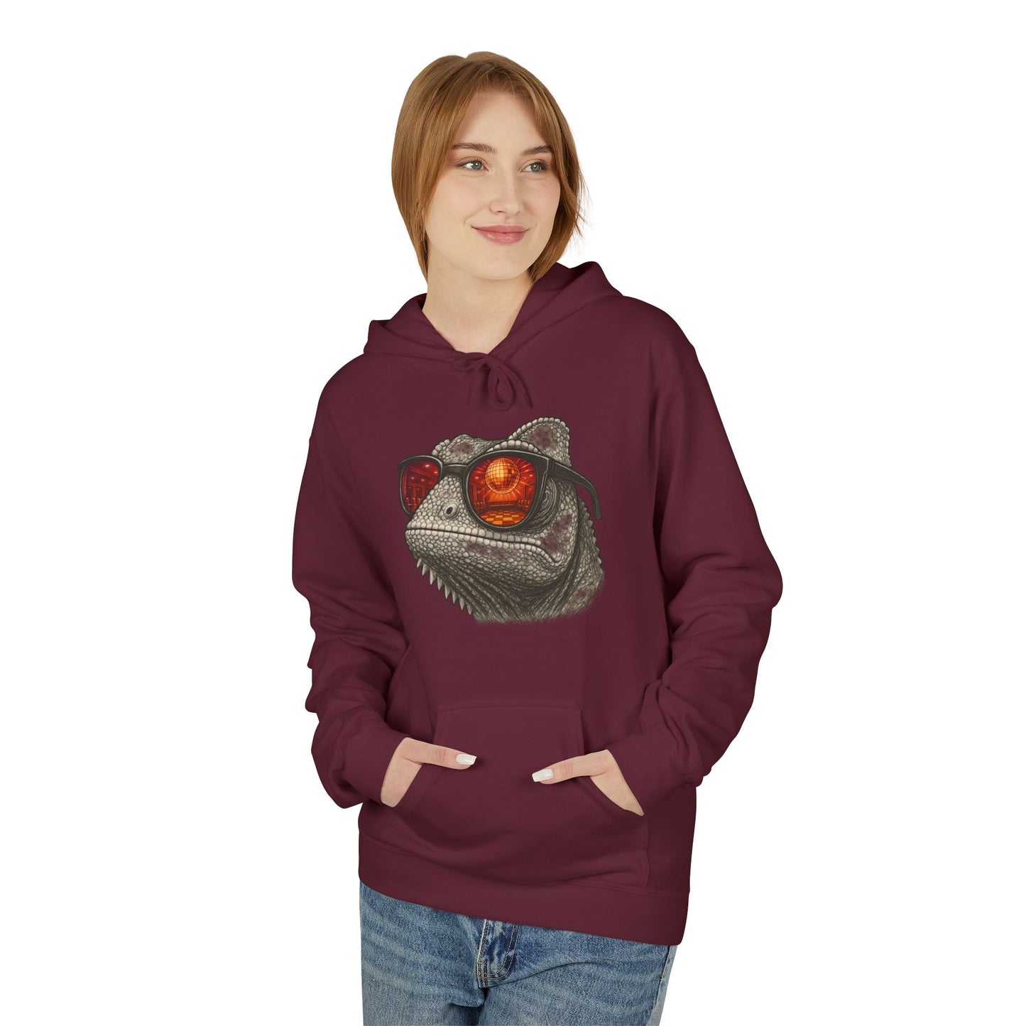 Chamäleon Hoodie Unisex (Brustprint) – Retro Tiermotiv mit Sonnenbrille & Disco-Design – Lustiger Kapuzenpullover für Festival, Streetwear & Geschenkideen