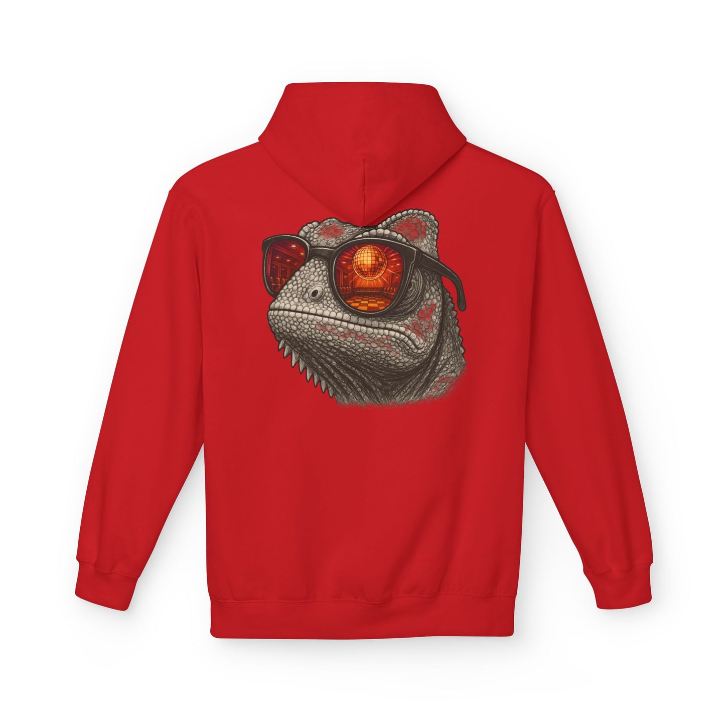 Chamäleon Hoodie Unisex (Rückenprint) – Retro Tiermotiv mit Sonnenbrille & Disco-Design – Lustiger Kapuzenpullover für Festival, Streetwear & Geschenkideen