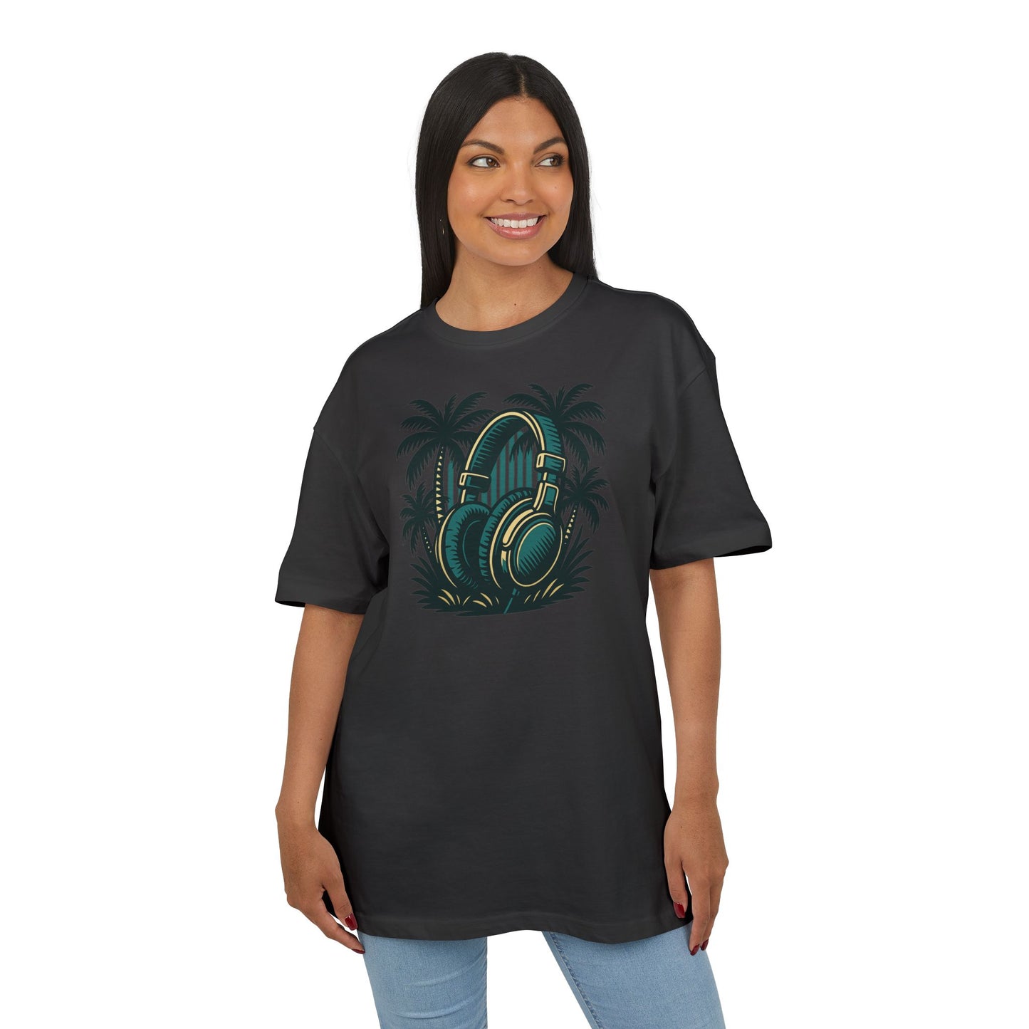 Retro T-Shirt mit Kopfhörer & Palmen (Brustprint)– Musik & Beach Vibes im Vintage Look