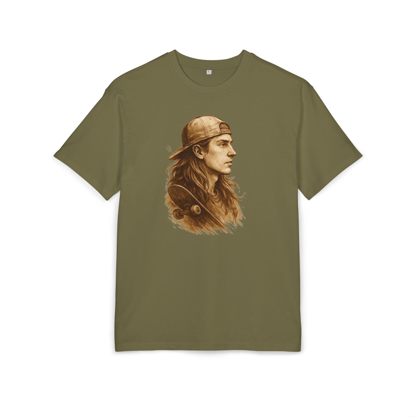 Skater Style T-Shirt (Brustprint) – Retro Kunst-Design mit Langhaar-Skater und Cap – Vintage Skateboard Look