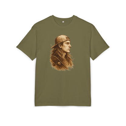 Skater Style T-Shirt (Brustprint) – Retro Kunst-Design mit Langhaar-Skater und Cap – Vintage Skateboard Look