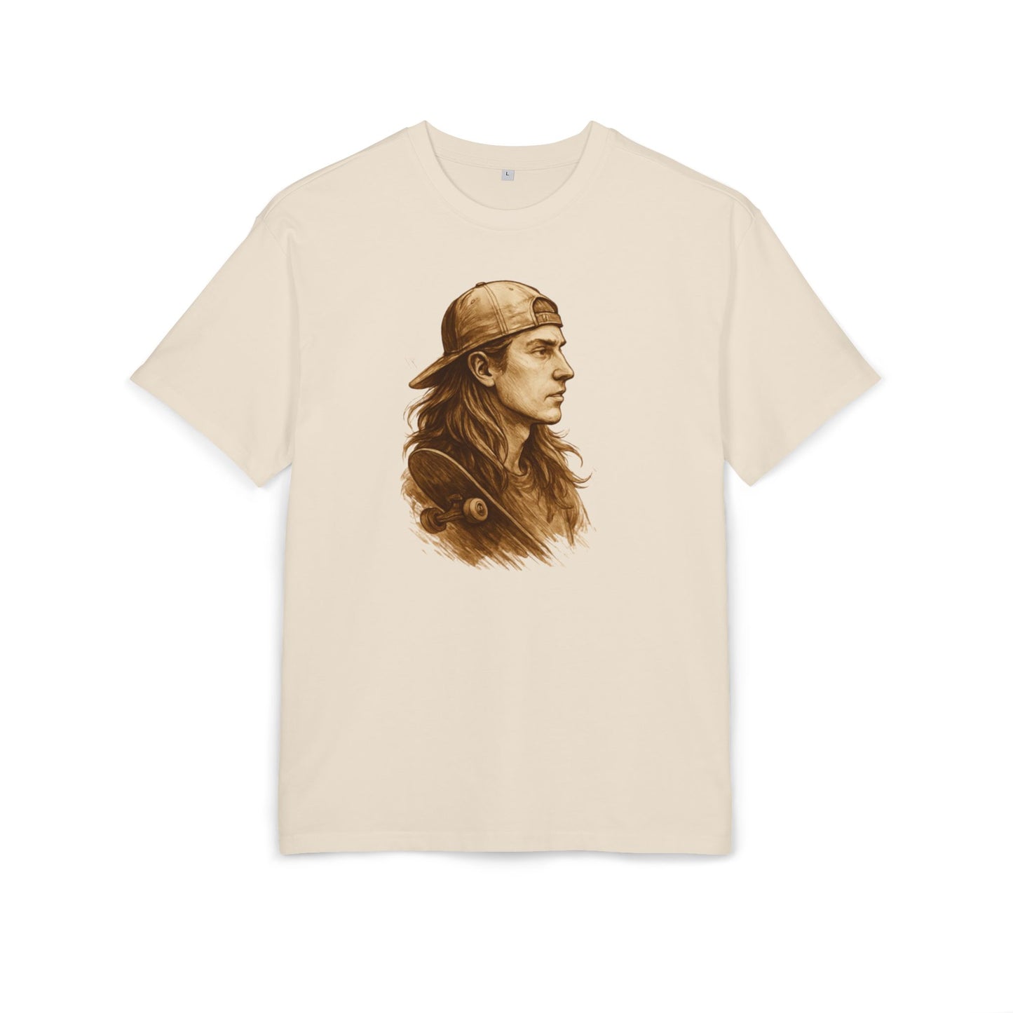 Skater Style T-Shirt (Brustprint) – Retro Kunst-Design mit Langhaar-Skater und Cap – Vintage Skateboard Look