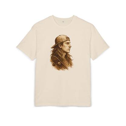 Skater Style T-Shirt (Brustprint) – Retro Kunst-Design mit Langhaar-Skater und Cap – Vintage Skateboard Look