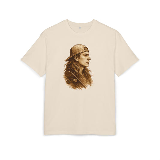 Skater Style T-Shirt (Brustprint) – Retro Kunst-Design mit Langhaar-Skater und Cap – Vintage Skateboard Look
