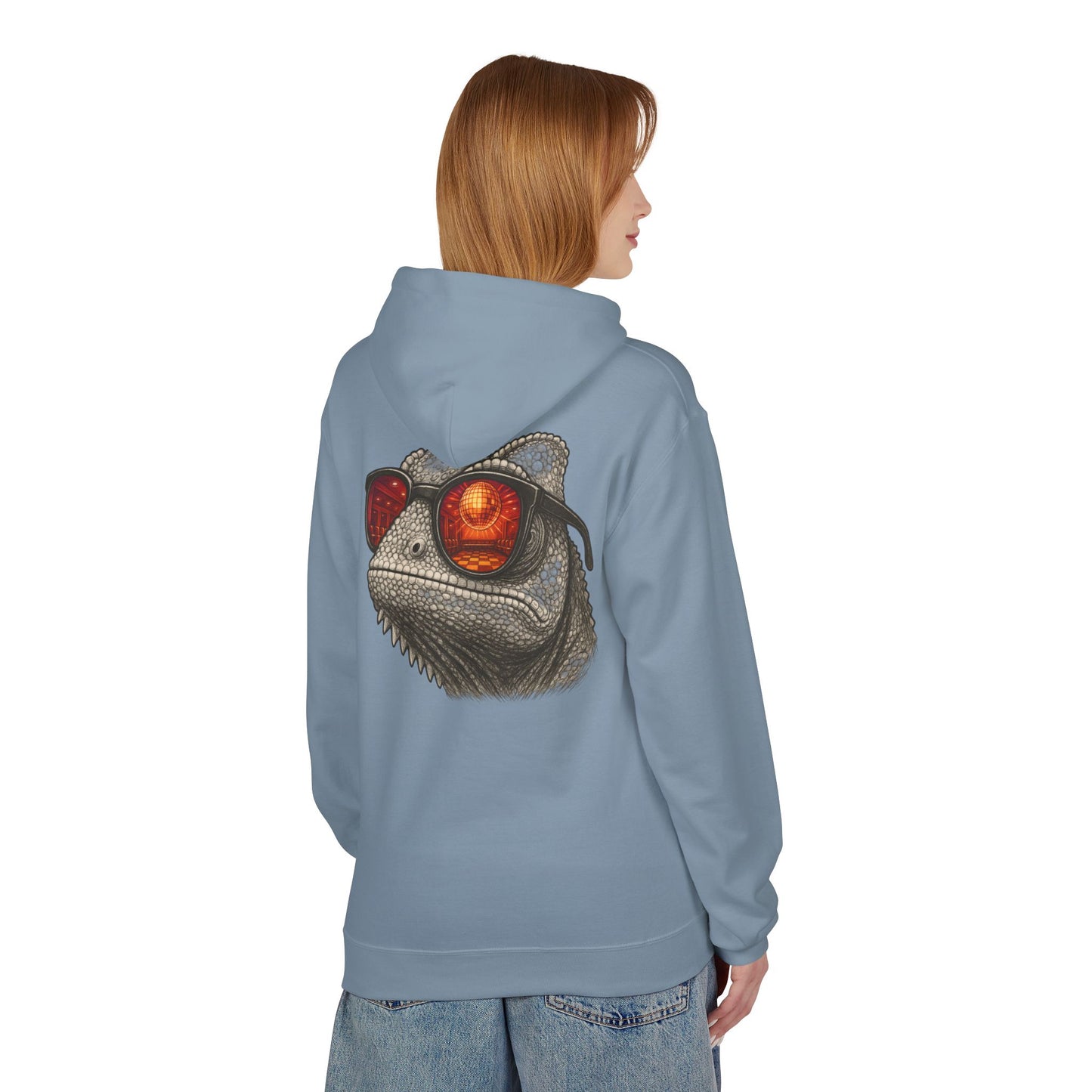 Chamäleon Hoodie Unisex (Rückenprint) – Retro Tiermotiv mit Sonnenbrille & Disco-Design – Lustiger Kapuzenpullover für Festival, Streetwear & Geschenkideen