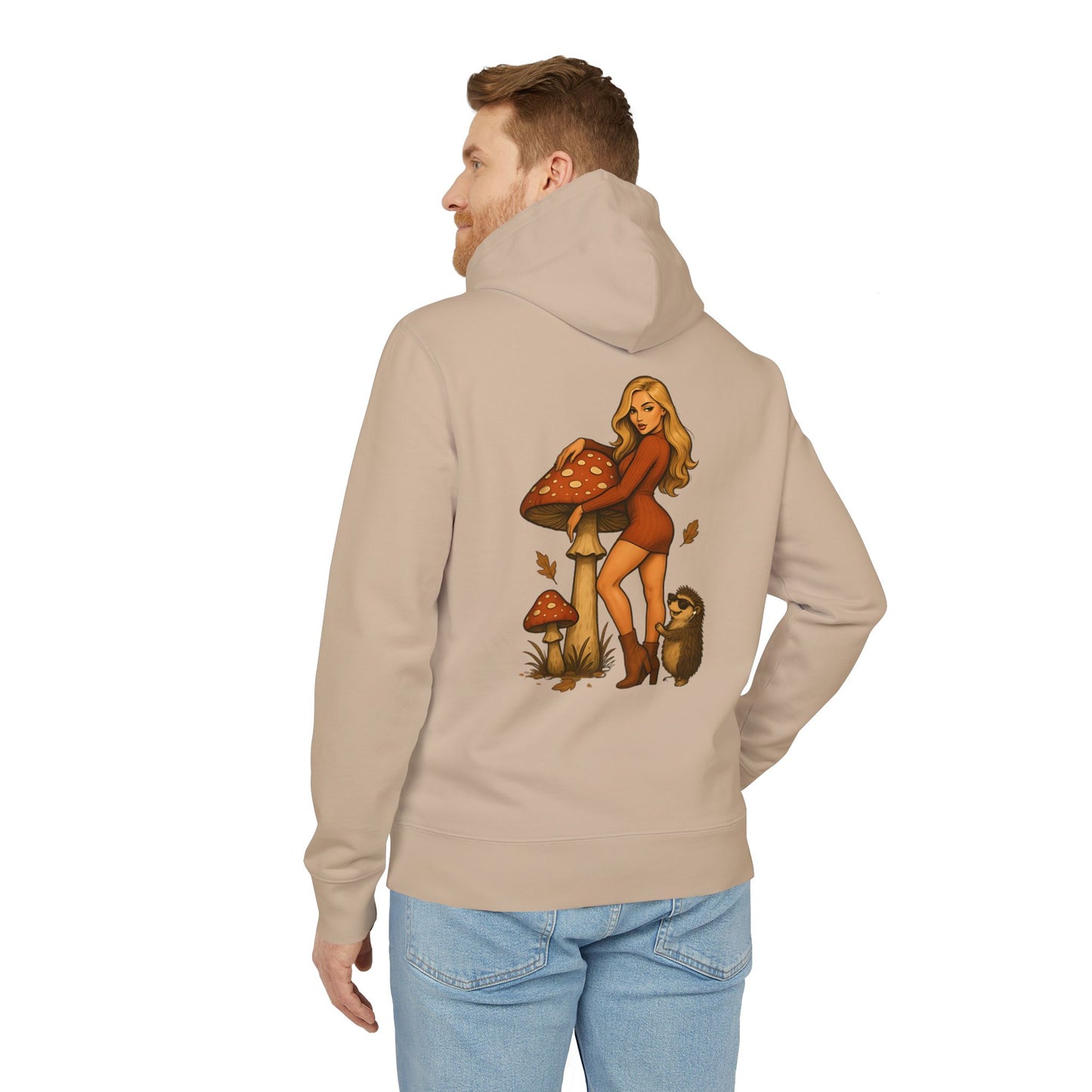 Vintage Pilz Fee & Igel Hoodie (Rückenprint) – Retro Waldmotiv Kapuzenpullover für Natur- & Pilzliebhaber