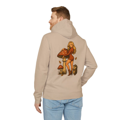 Vintage Pilz Fee & Igel Hoodie (Rückenprint) – Retro Waldmotiv Kapuzenpullover für Natur- & Pilzliebhaber