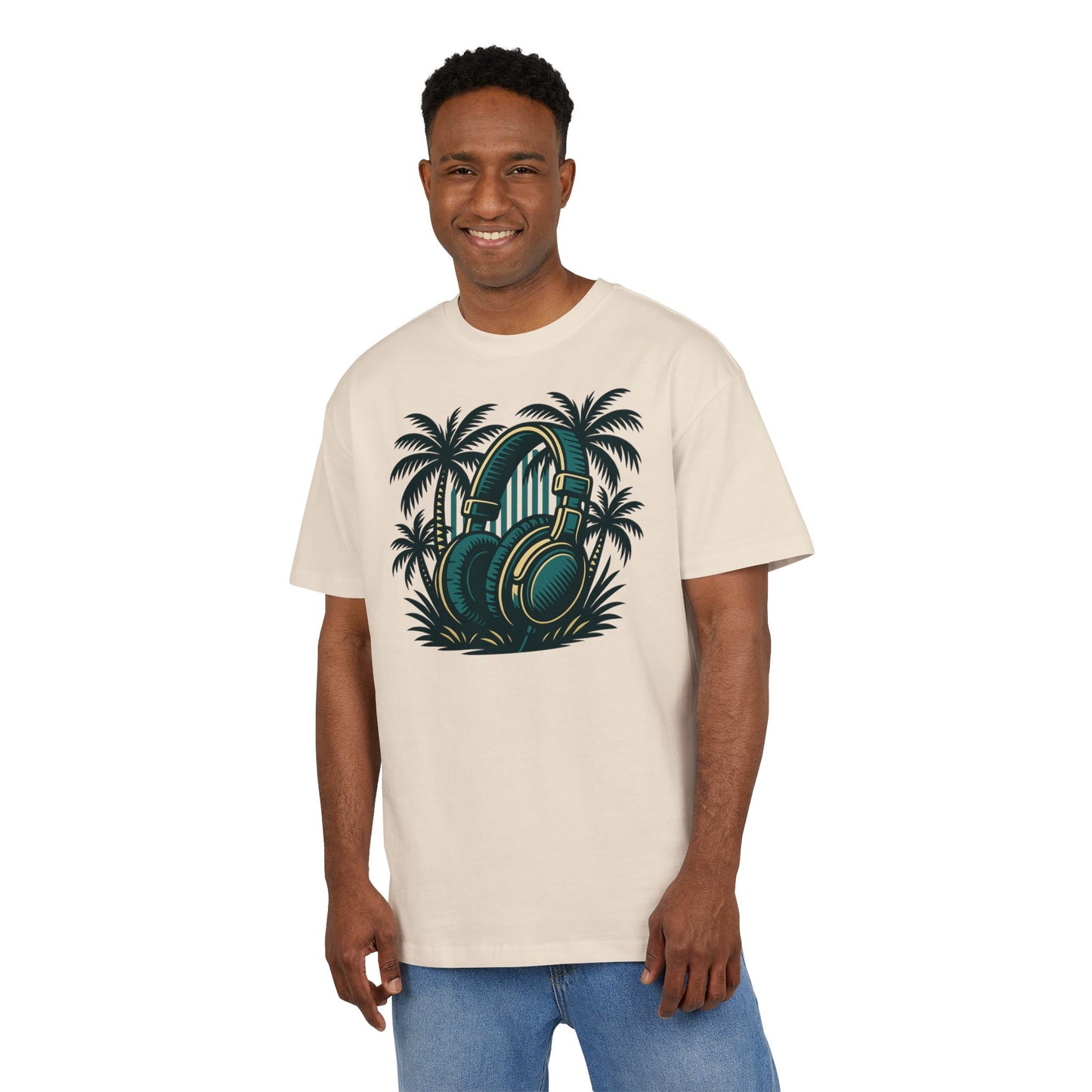 Retro T-Shirt mit Kopfhörer & Palmen (Brustprint)– Musik & Beach Vibes im Vintage Look