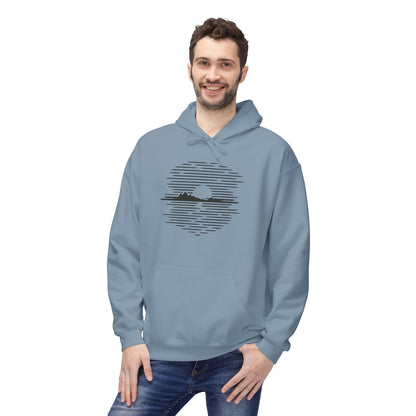 Unisex Hoodie mit Berg-Sonnenuntergang Design (Brustprint) – Minimalistischer Natur Pullover aus Baumwolle