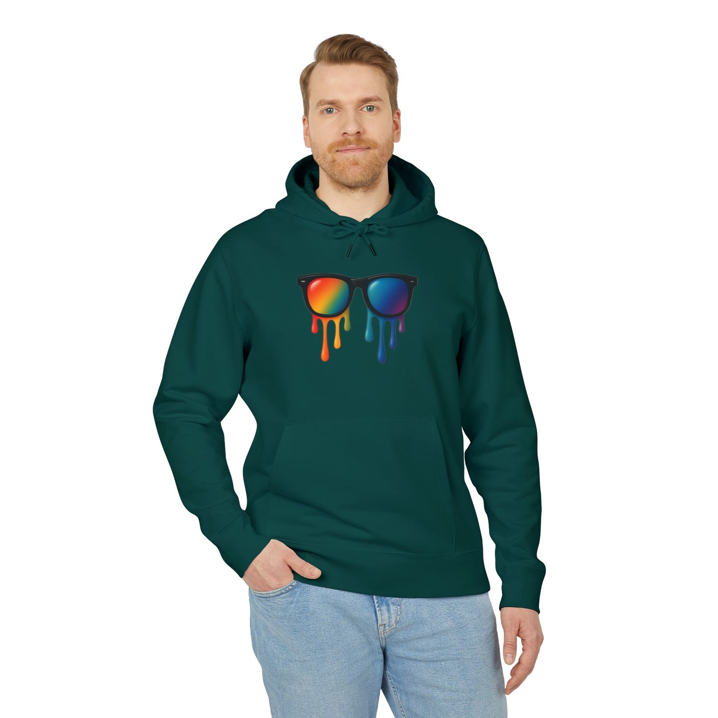 Melting Shades Hoodie (Brustprint) – Stylischer Unisex Hoodie mit bunter Sonnenbrille & Tropf-Effekt | Retro Streetwear für Sommer & Festival
