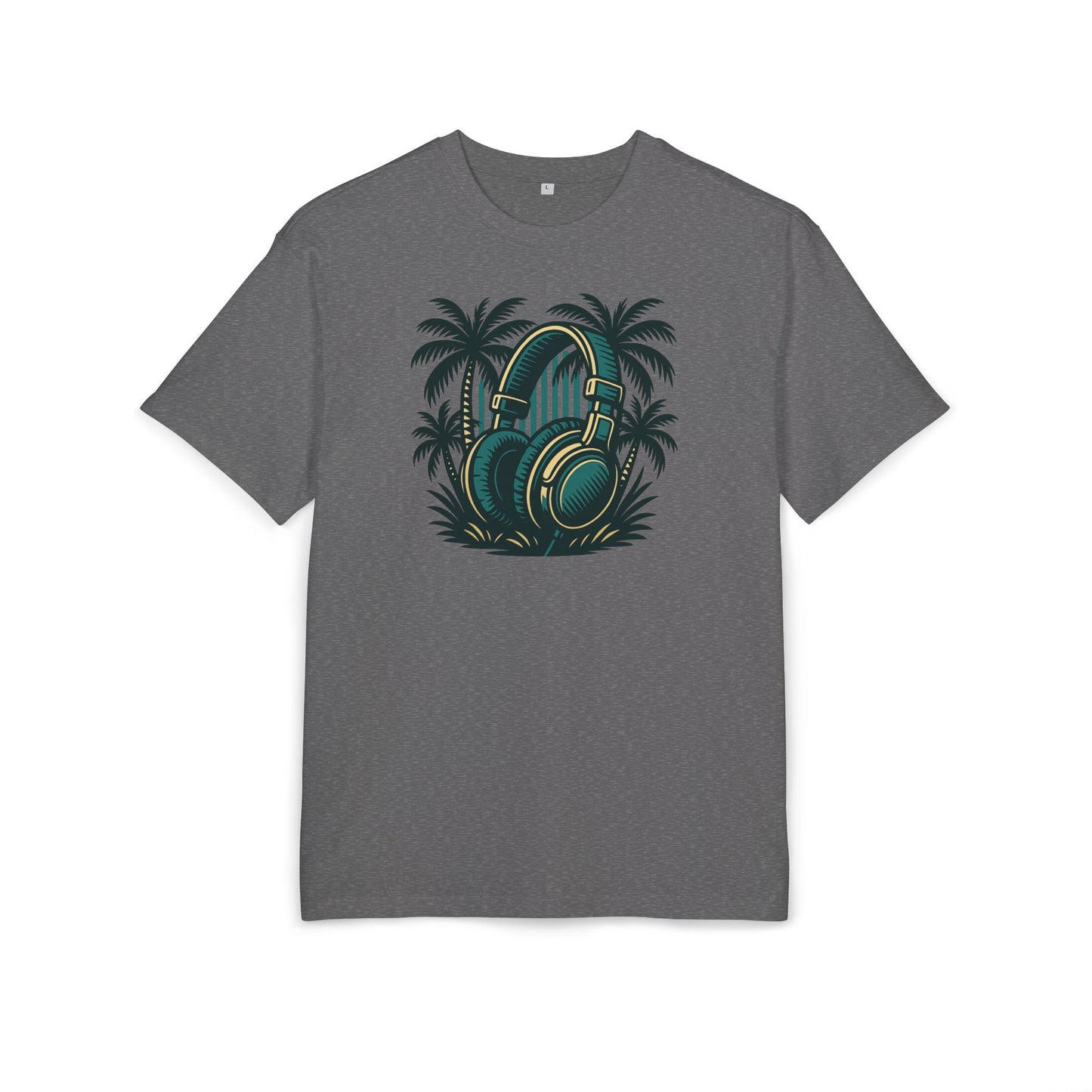 Retro T-Shirt mit Kopfhörer & Palmen (Brustprint)– Musik & Beach Vibes im Vintage Look