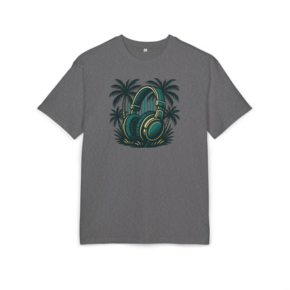 Retro T-Shirt mit Kopfhörer & Palmen (Brustprint)– Musik & Beach Vibes im Vintage Look