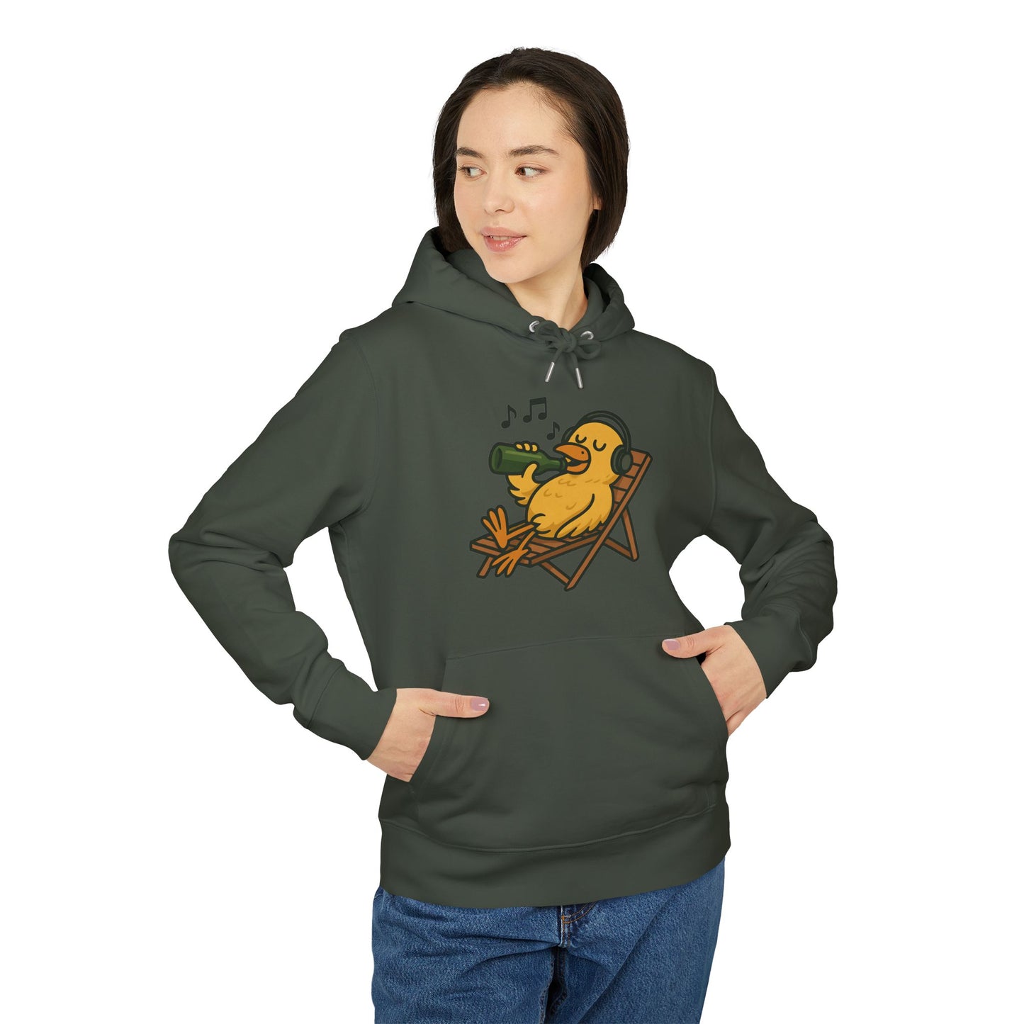 Chillente Hoodie (Brustprint) – Lustiger Unisex Kapuzenpullover mit Ente, Bier & Musik-Motiv | Perfekt für Freizeit, Festivals & Sommer