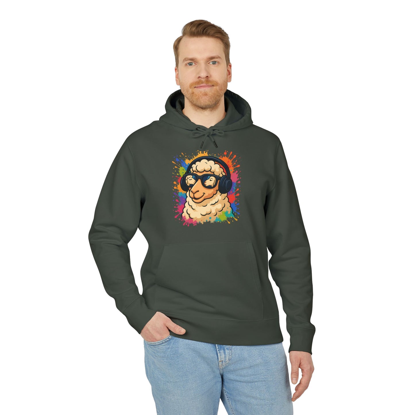 Schaf Hoodie (Brustprint) – Lustiger Unisex Kapuzenpullover mit Kopfhörer-Schaf & buntem Farbspritzer-Design