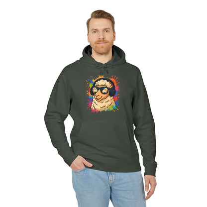Schaf Hoodie (Brustprint) – Lustiger Unisex Kapuzenpullover mit Kopfhörer-Schaf & buntem Farbspritzer-Design
