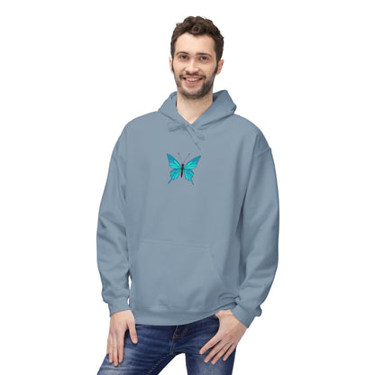 Blauer Schmetterling Hoodie Unisex (Brustprint) – Leuchtendes Butterfly Design | Nachhaltiger Kapuzenpullover aus Baumwolle