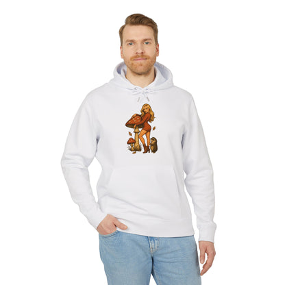 Vintage Pilz Fee & Igel Hoodie (Brustprint) – Retro Waldmotiv Kapuzenpullover für Natur- & Pilzliebhaber