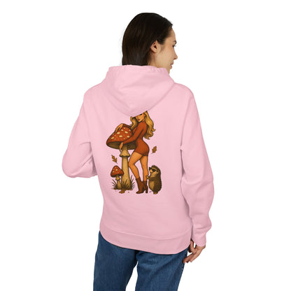 Vintage Pilz Fee & Igel Hoodie (Rückenprint) – Retro Waldmotiv Kapuzenpullover für Natur- & Pilzliebhaber