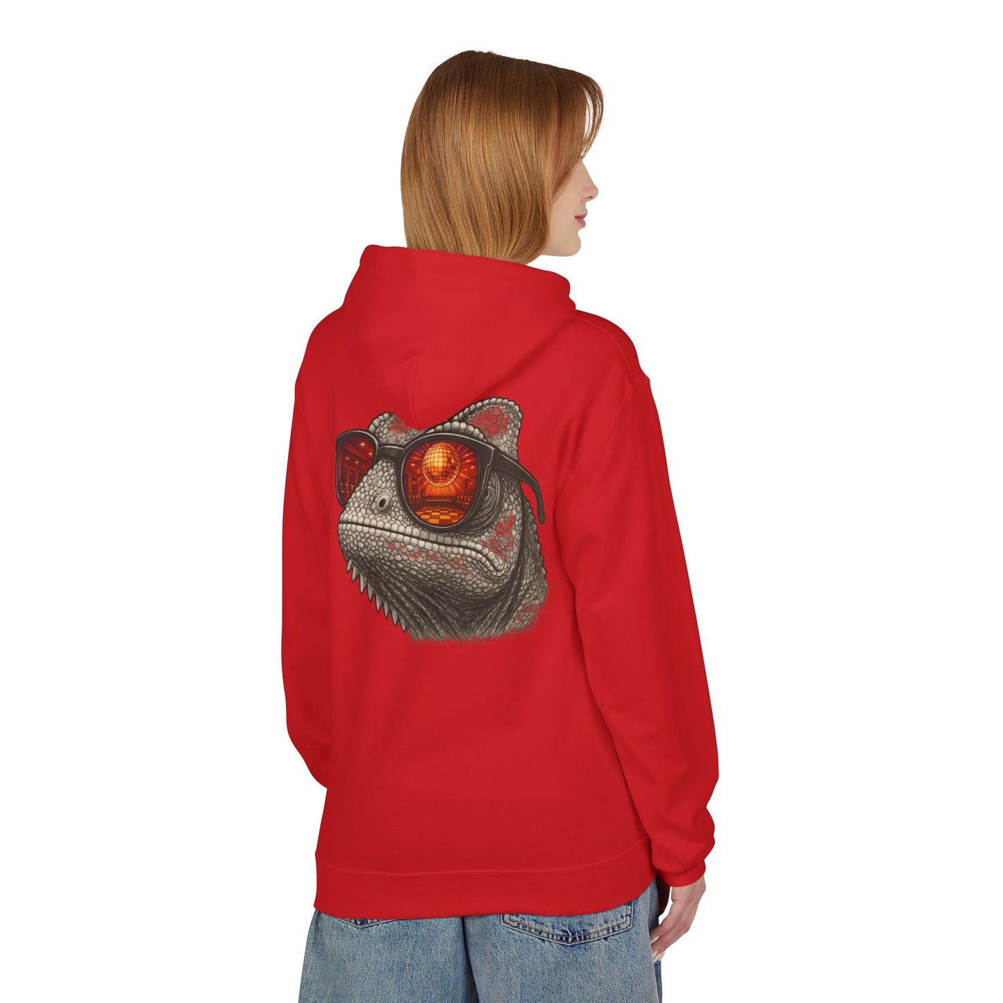 Chamäleon Hoodie Unisex (Rückenprint) – Retro Tiermotiv mit Sonnenbrille & Disco-Design – Lustiger Kapuzenpullover für Festival, Streetwear & Geschenkideen