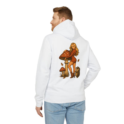 Vintage Pilz Fee & Igel Hoodie (Rückenprint) – Retro Waldmotiv Kapuzenpullover für Natur- & Pilzliebhaber