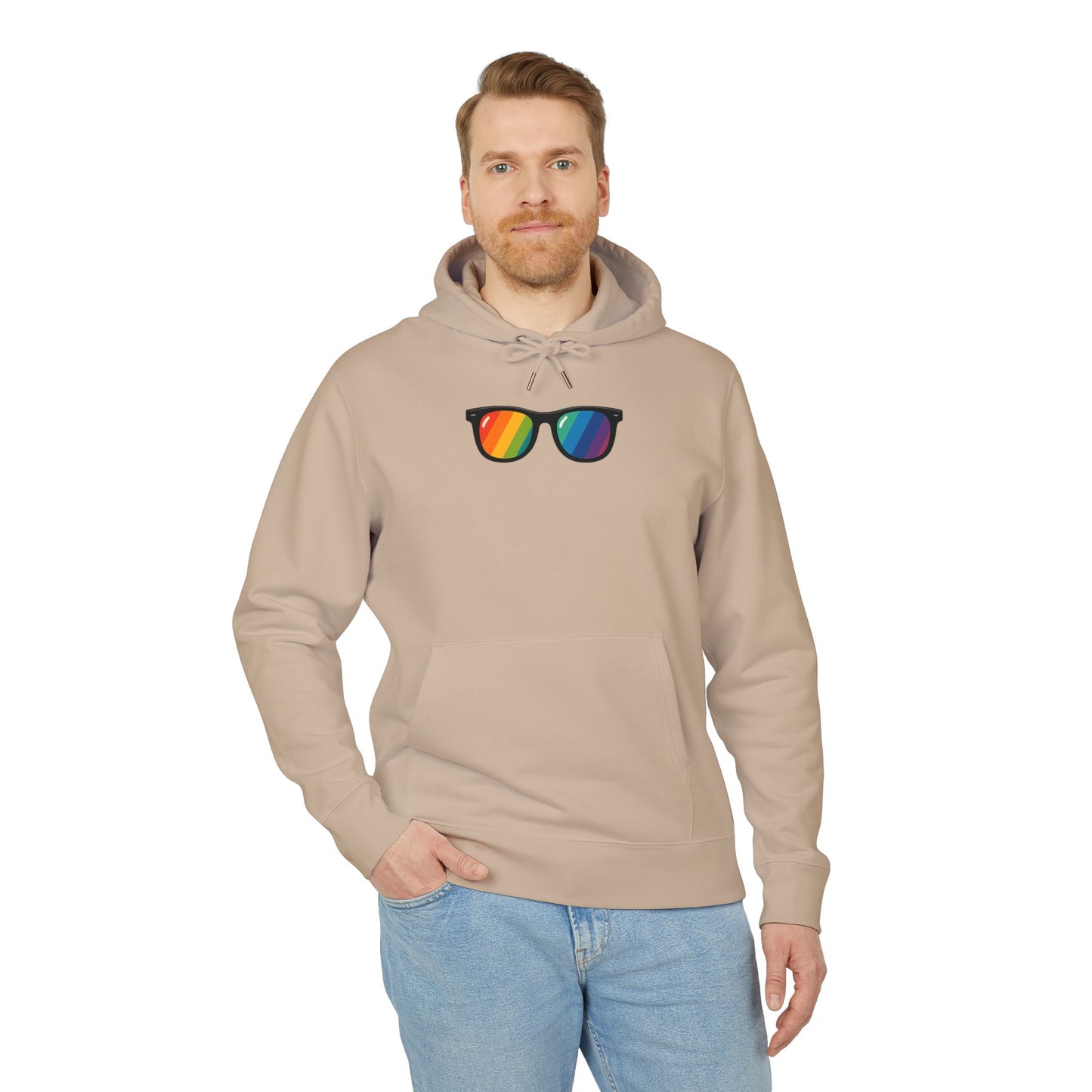 Regenbogen Sonnenbrille Hoodie (Brustprint) – Unisex Kapuzenpullover im bunten Pride Design für Festival & Streetwear