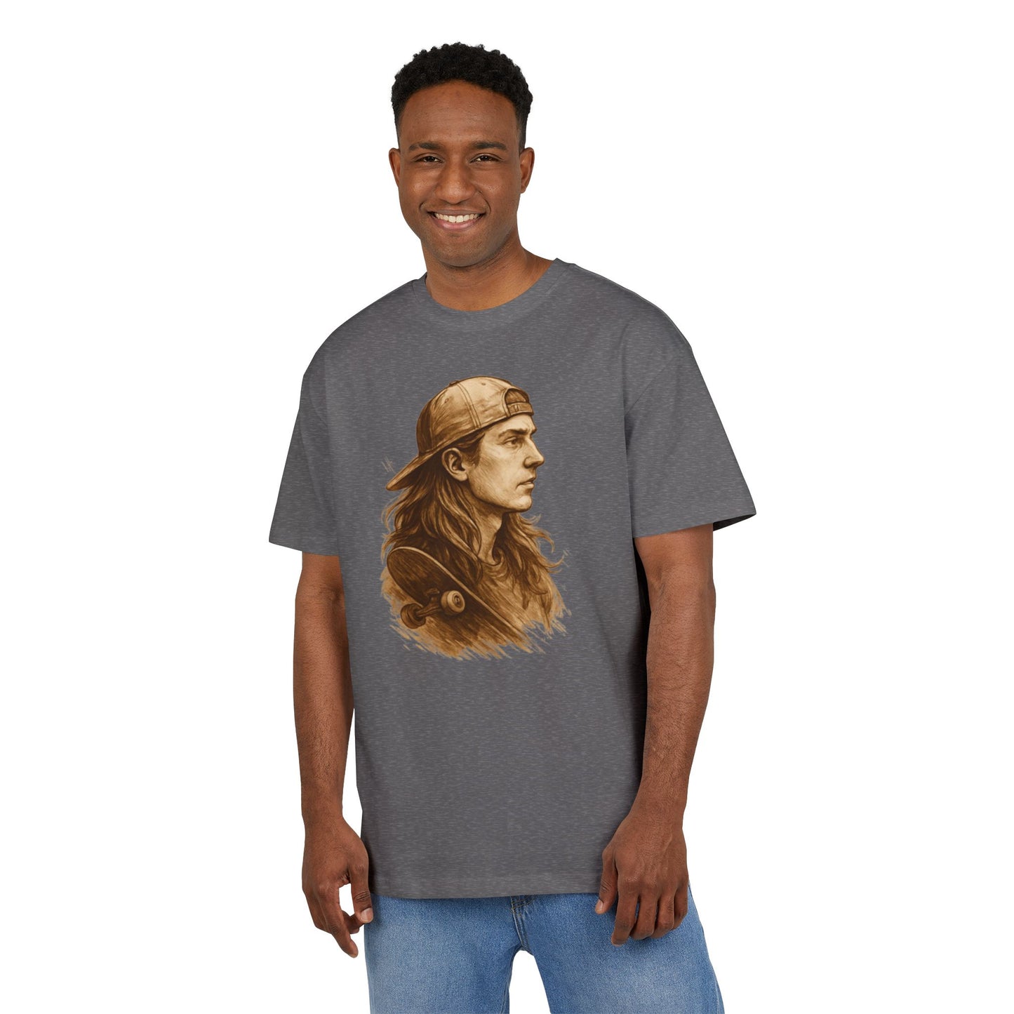 Skater Style T-Shirt (Brustprint) – Retro Kunst-Design mit Langhaar-Skater und Cap – Vintage Skateboard Look