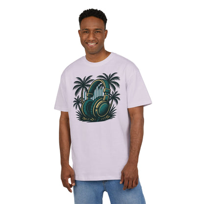 Retro T-Shirt mit Kopfhörer & Palmen (Brustprint)– Musik & Beach Vibes im Vintage Look