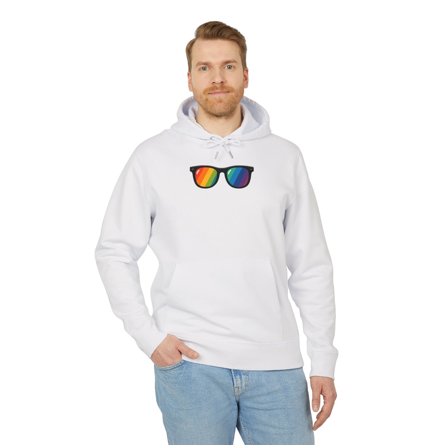 Regenbogen Sonnenbrille Hoodie (Brustprint) – Unisex Kapuzenpullover im bunten Pride Design für Festival & Streetwear