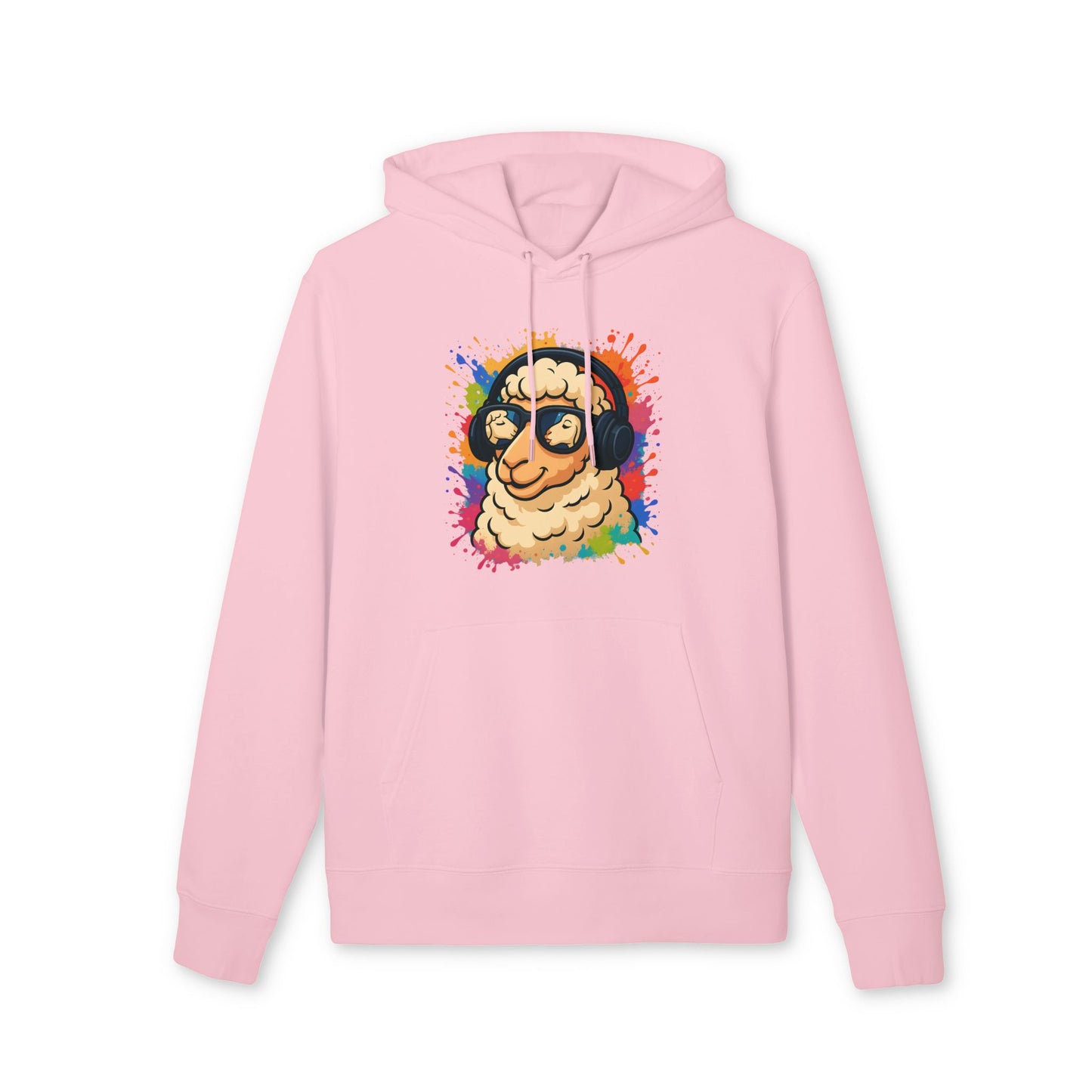 Schaf Hoodie (Brustprint) – Lustiger Unisex Kapuzenpullover mit Kopfhörer-Schaf & buntem Farbspritzer-Design