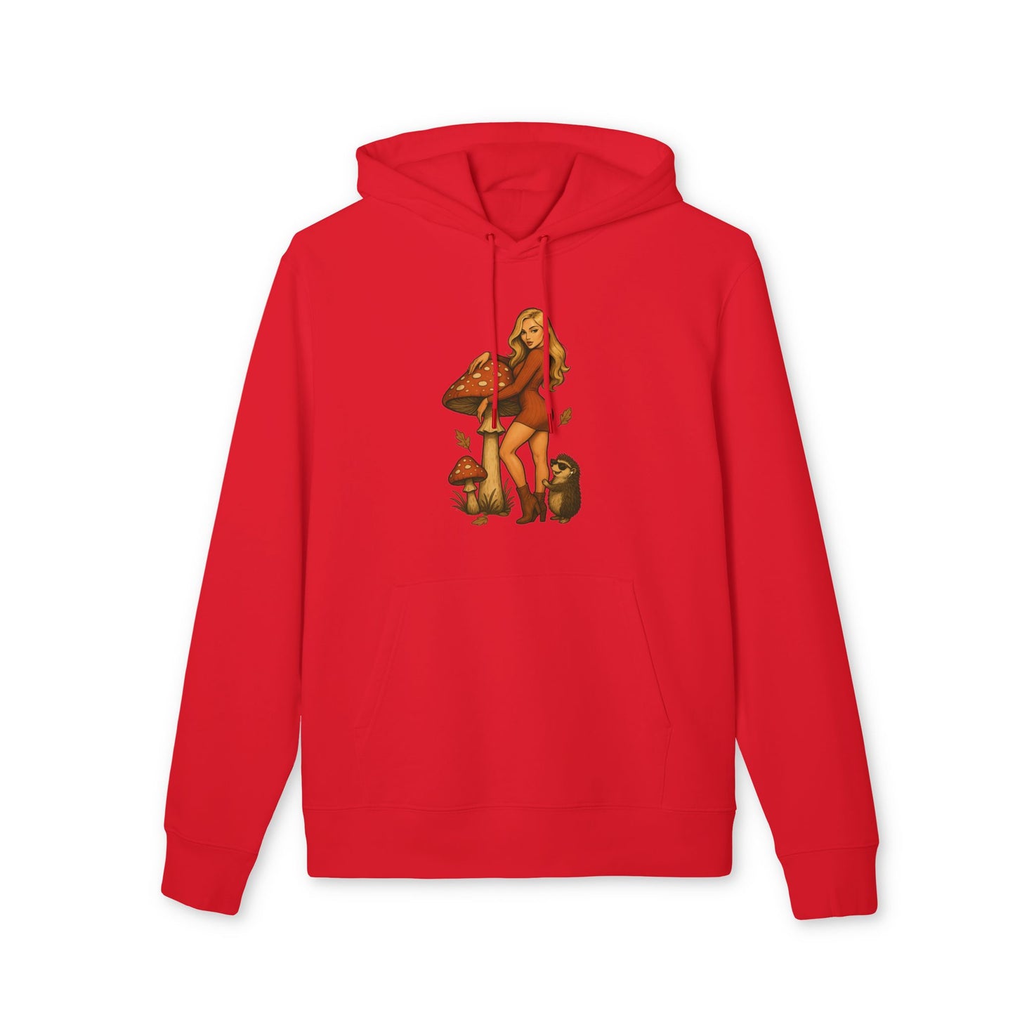Vintage Pilz Fee & Igel Hoodie (Brustprint) – Retro Waldmotiv Kapuzenpullover für Natur- & Pilzliebhaber