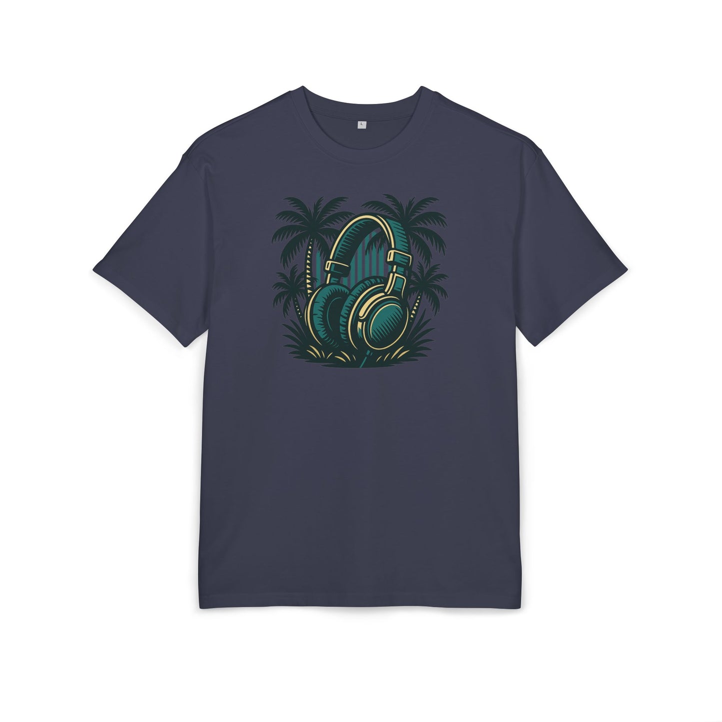 Retro T-Shirt mit Kopfhörer & Palmen (Brustprint)– Musik & Beach Vibes im Vintage Look