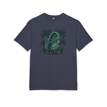 Retro T-Shirt mit Kopfhörer & Palmen (Brustprint)– Musik & Beach Vibes im Vintage Look