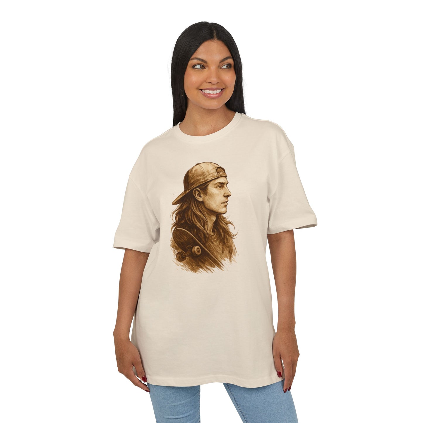 Skater Style T-Shirt (Brustprint) – Retro Kunst-Design mit Langhaar-Skater und Cap – Vintage Skateboard Look