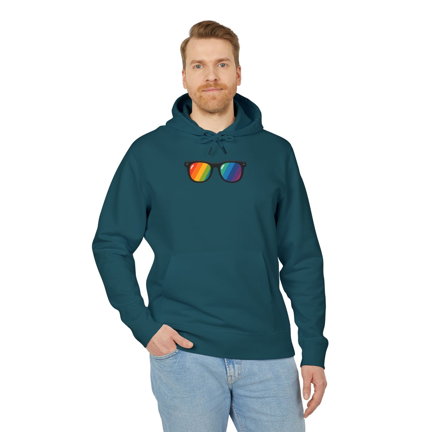 Regenbogen Sonnenbrille Hoodie (Brustprint) – Unisex Kapuzenpullover im bunten Pride Design für Festival & Streetwear
