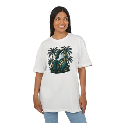 Retro T-Shirt mit Kopfhörer & Palmen (Brustprint)– Musik & Beach Vibes im Vintage Look
