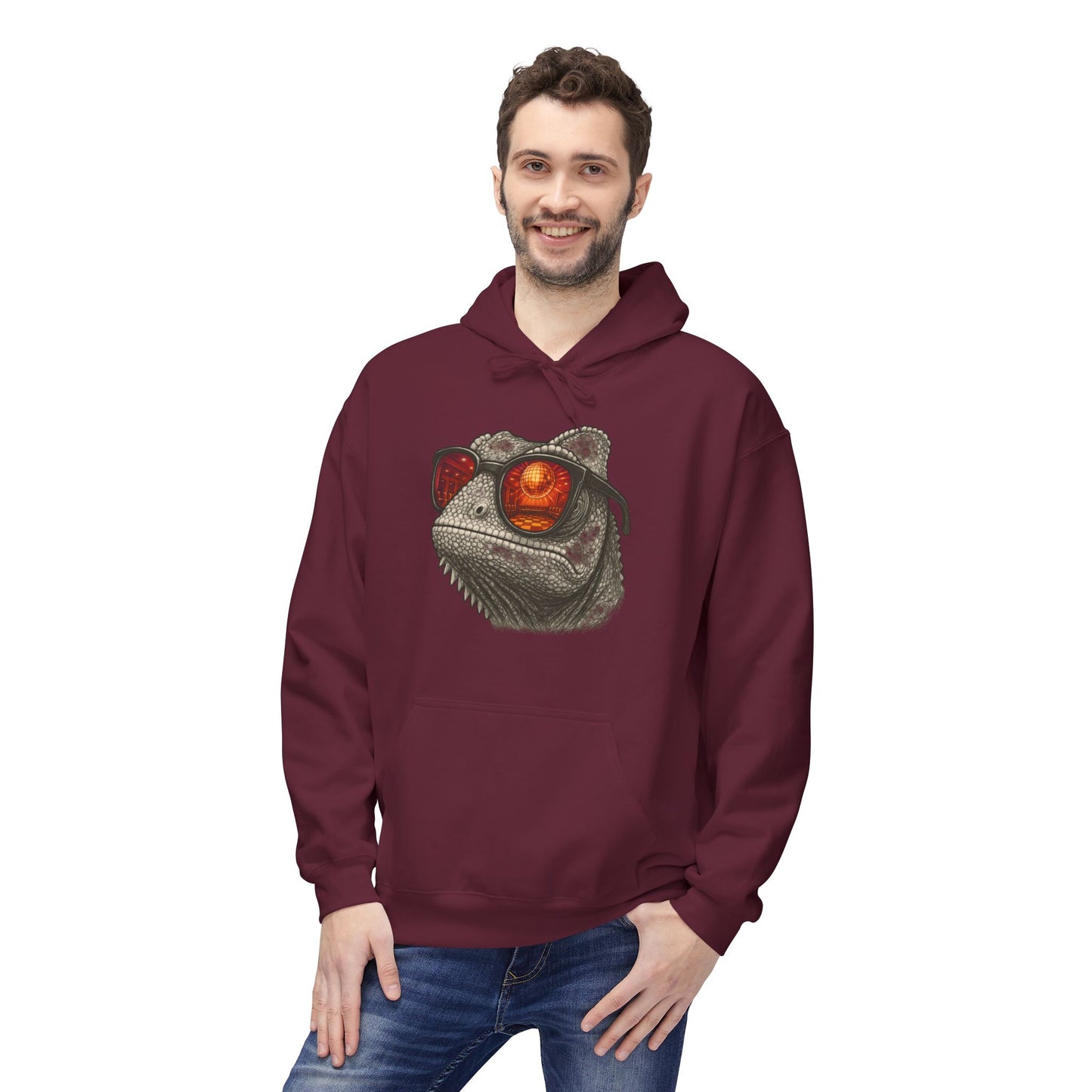 Chamäleon Hoodie Unisex (Brustprint) – Retro Tiermotiv mit Sonnenbrille & Disco-Design – Lustiger Kapuzenpullover für Festival, Streetwear & Geschenkideen
