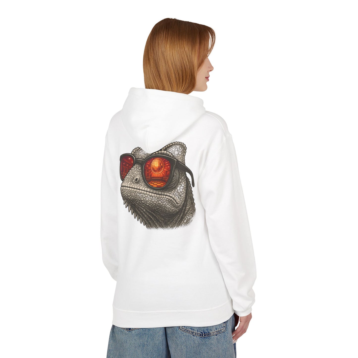 Chamäleon Hoodie Unisex (Rückenprint) – Retro Tiermotiv mit Sonnenbrille & Disco-Design – Lustiger Kapuzenpullover für Festival, Streetwear & Geschenkideen