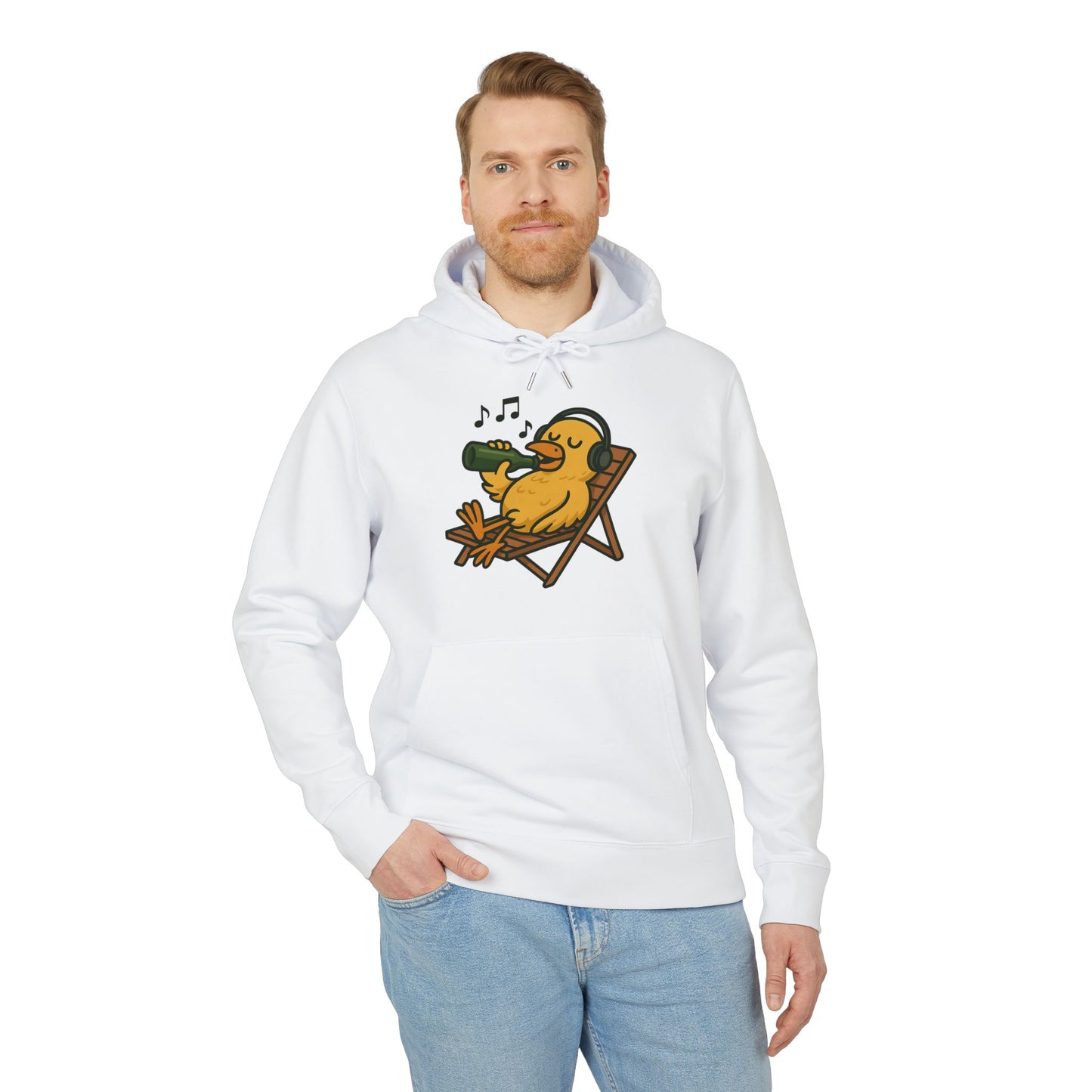 Chillente Hoodie (Brustprint) – Lustiger Unisex Kapuzenpullover mit Ente, Bier & Musik-Motiv | Perfekt für Freizeit, Festivals & Sommer