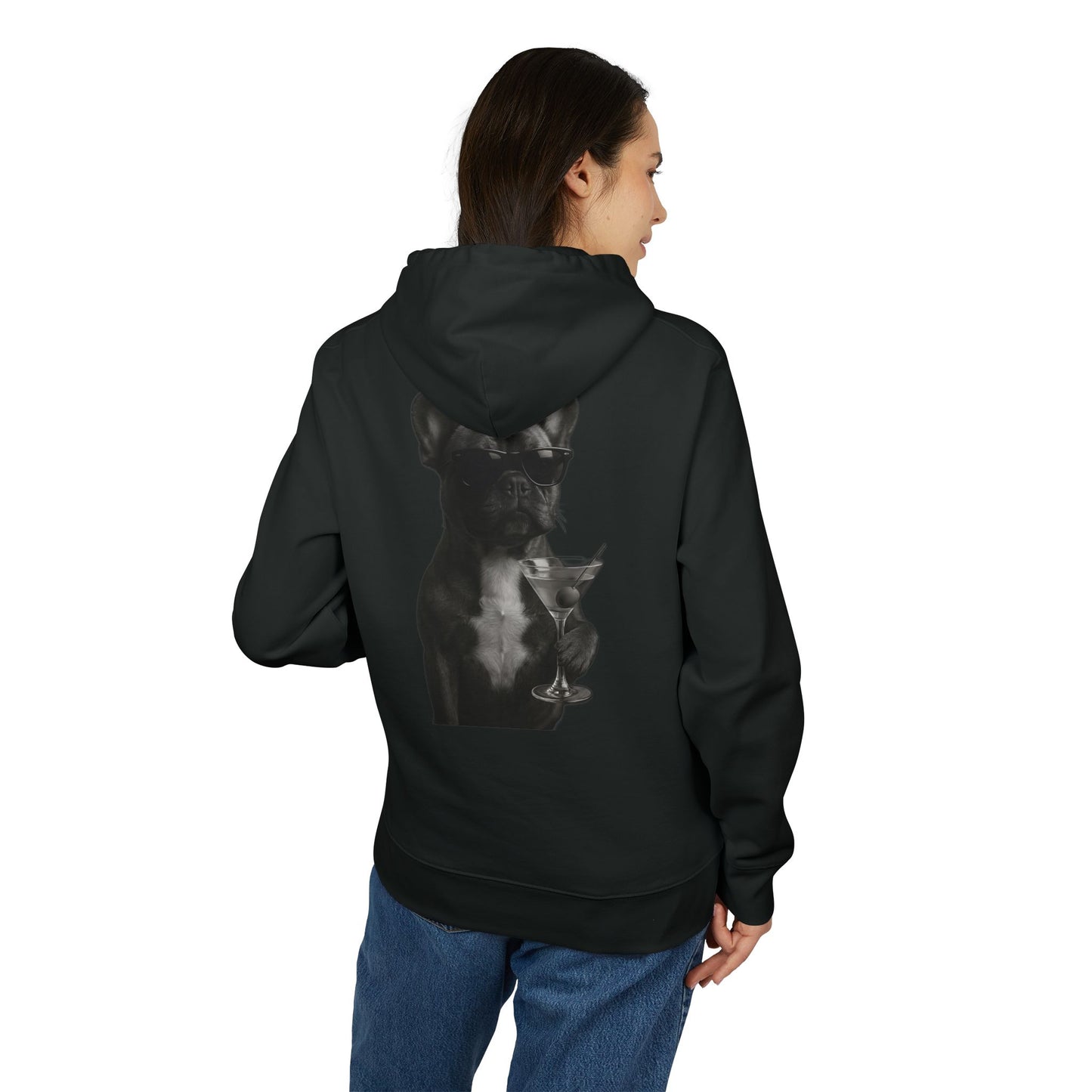 French Bulldog Hoodie (Rückenprint) – Lustiger Kapuzenpullover mit Hund & Sonnenbrille – Unisex Streetwear mit Tiermotiv